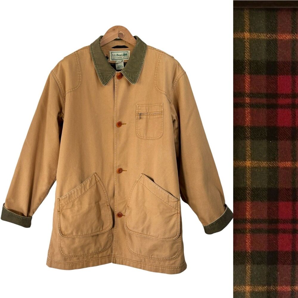 L.L. Bean Tan Canvas Barn Coat with Olive Corduroy Collar